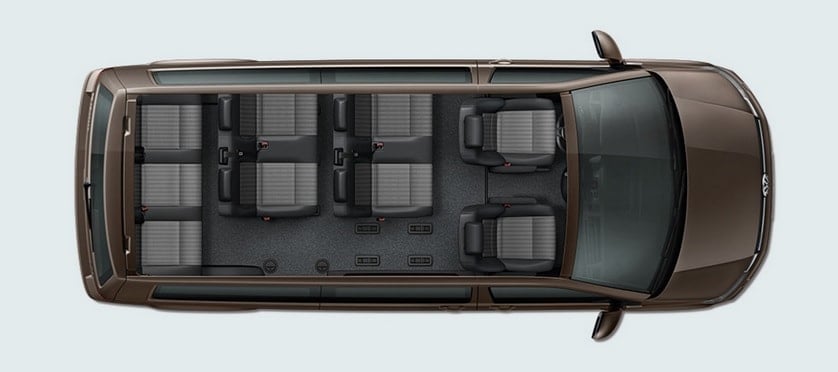 VOLKSWAGEN CARAVELLE ptačí pohled na rozložení sedaček uvnitř vozu