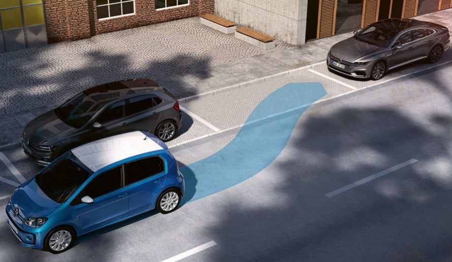 VOLKSWAGEN UP! ukázkový obrázek pro znázornění asistentu pro parkování podélně, ParkPilot